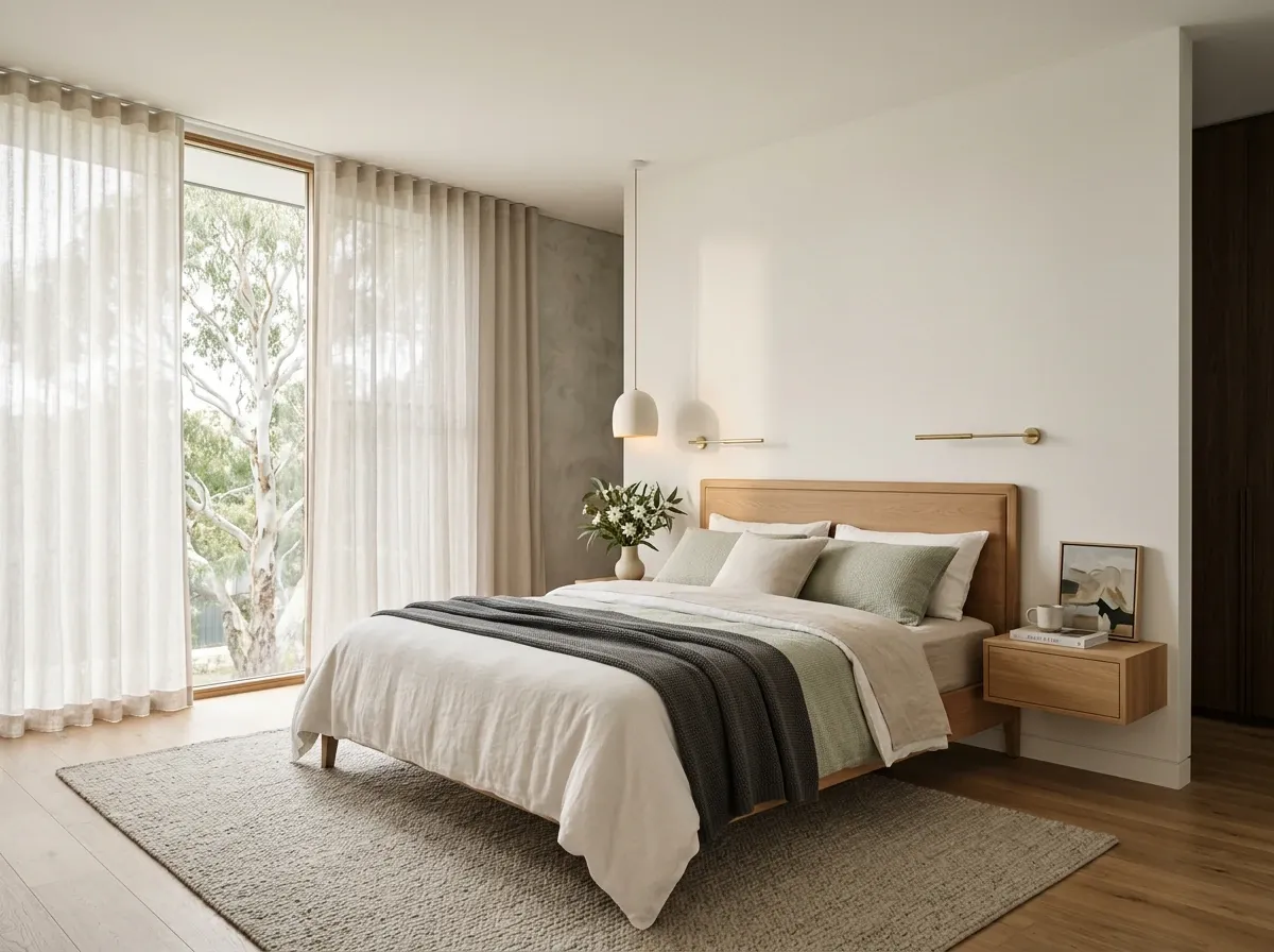 Styled master bedroom in a high-end Australian home with linen bedding and soft morning light