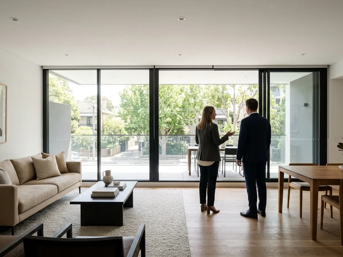 Buyer's agent and client on a private walkthrough in a contemporary apartment living room