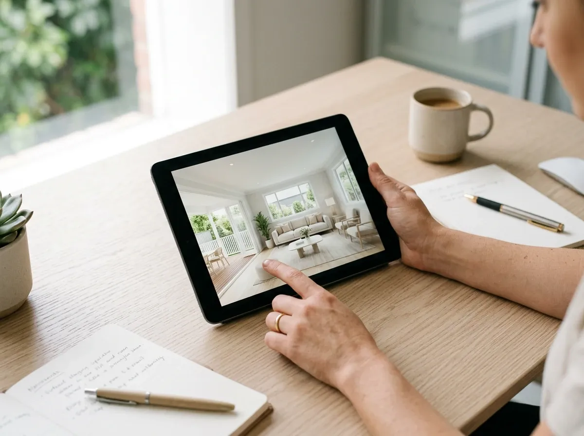 Australian real estate agent reviewing a finished virtually staged image on a tablet at a desk