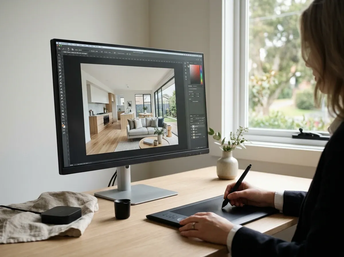 Professional photo editor at a colour-calibrated monitor reviewing a real estate interior image in a calm modern workspace
