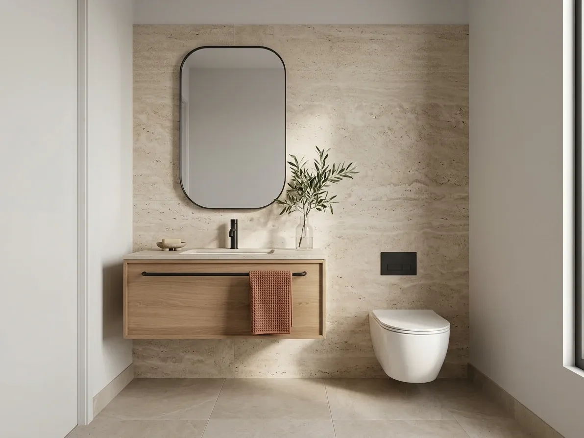 A photorealistic interior render of a planned powder room before build