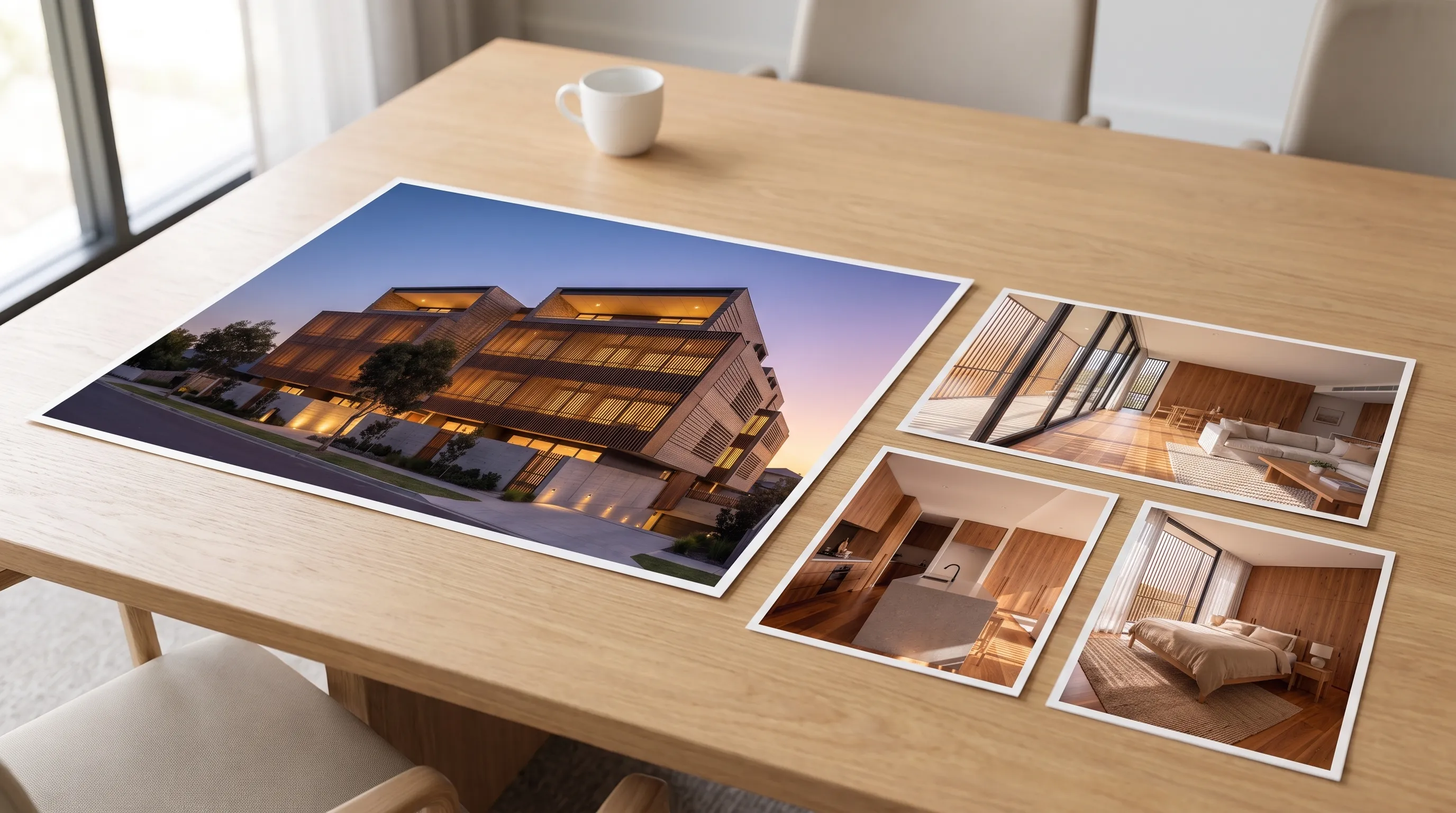 The campaign set on the launch-meeting table: the dusk apartment hero on a mounted board, interior prints laid out in front