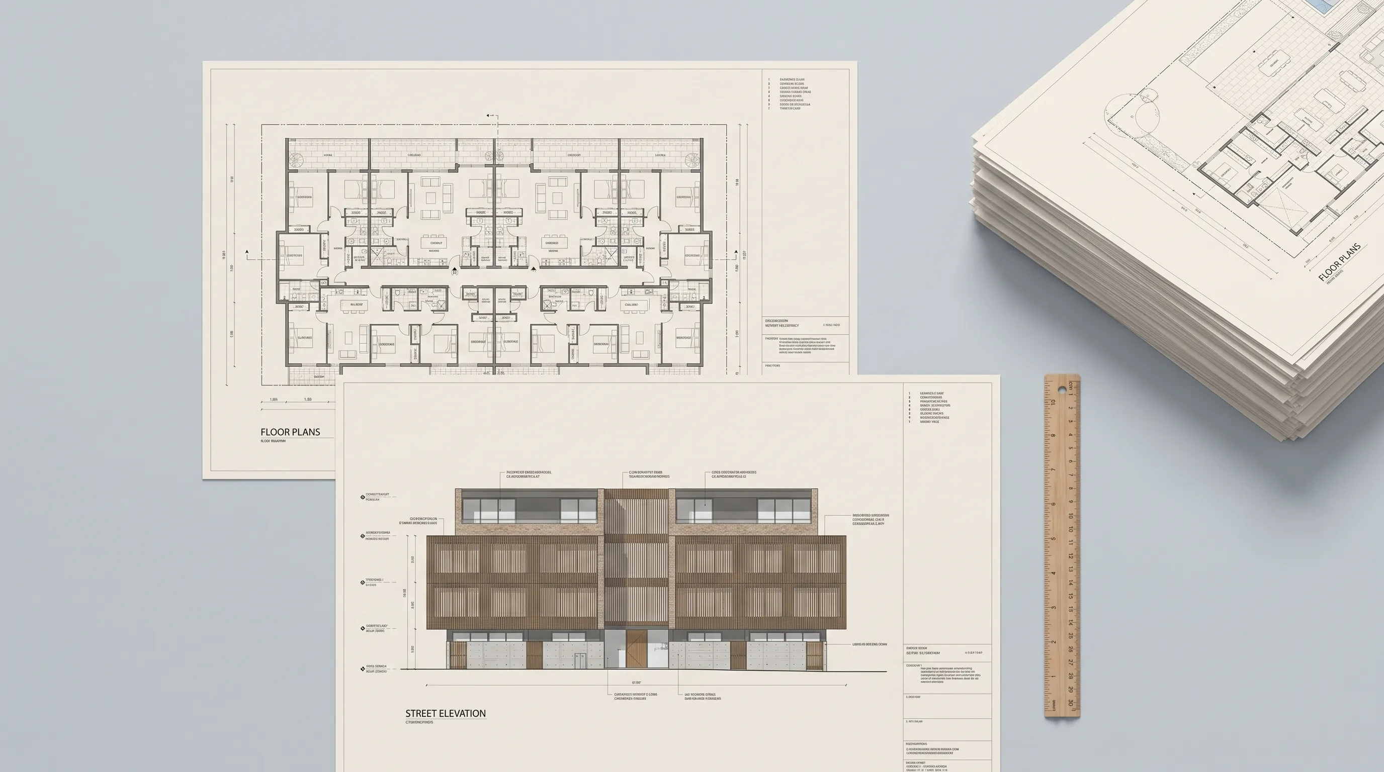 The apartment study working drawings on the desk: typical floor plans and the batten-screened street elevation