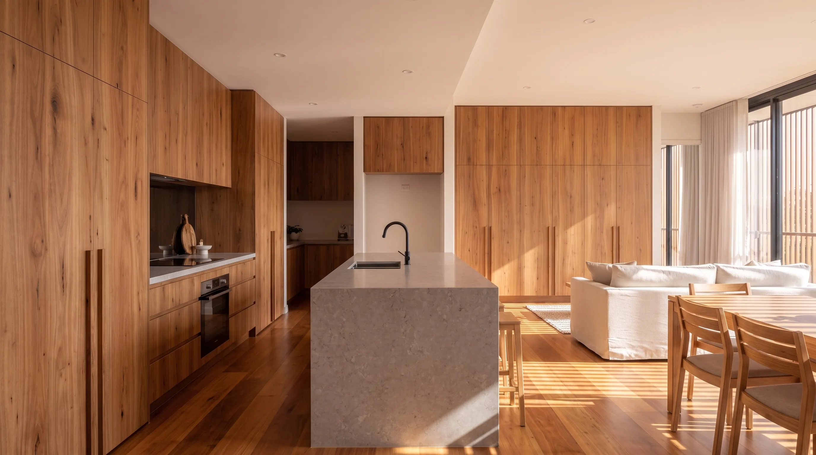 Apartment study: kitchen with stone island and spotted-gum joinery, living space beyond