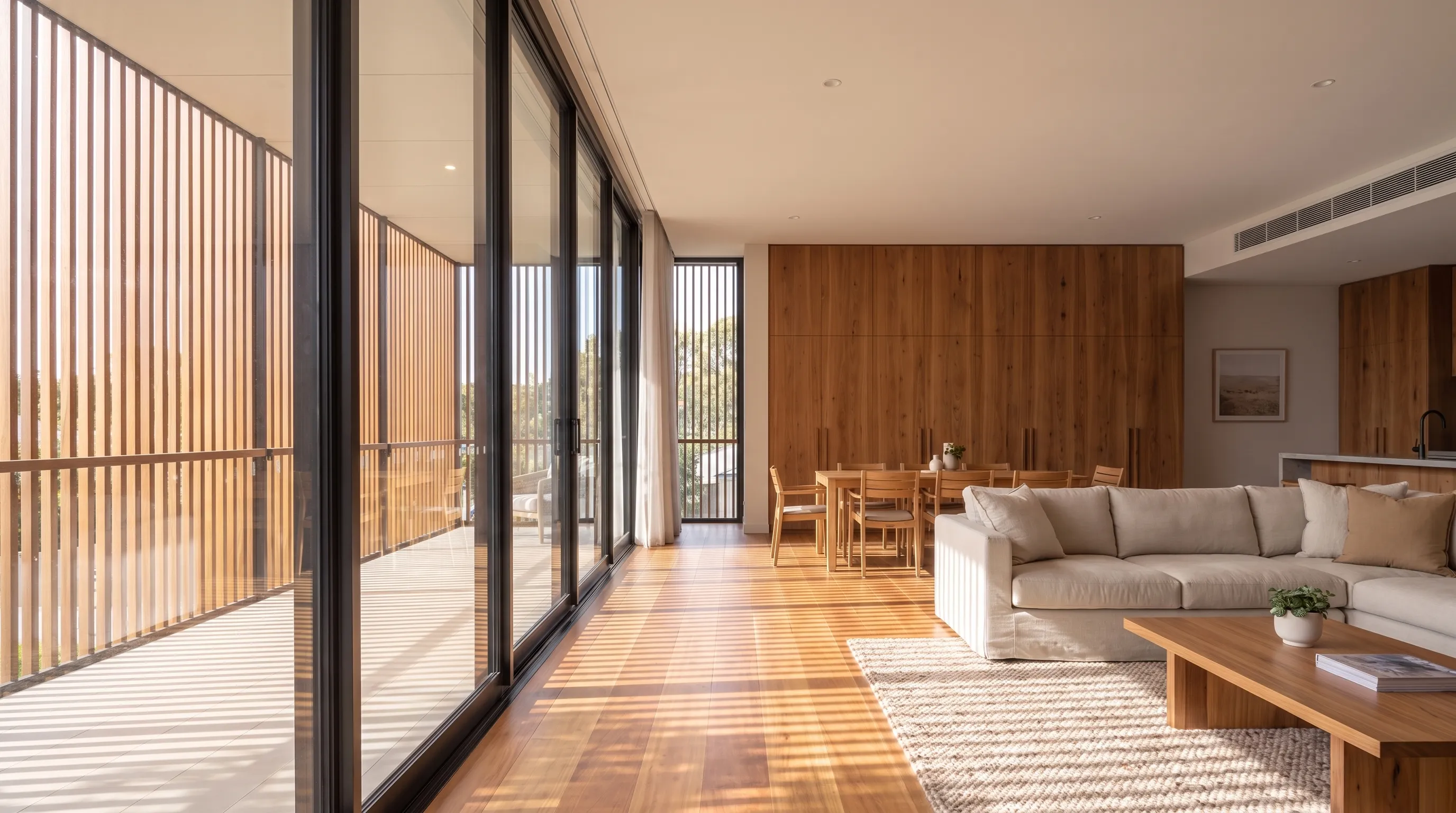 Apartment study: living and dining interior in warm afternoon light, full-height glazing opening to a timber batten-screened balcony, full-height timber joinery and a spotted-gum floor