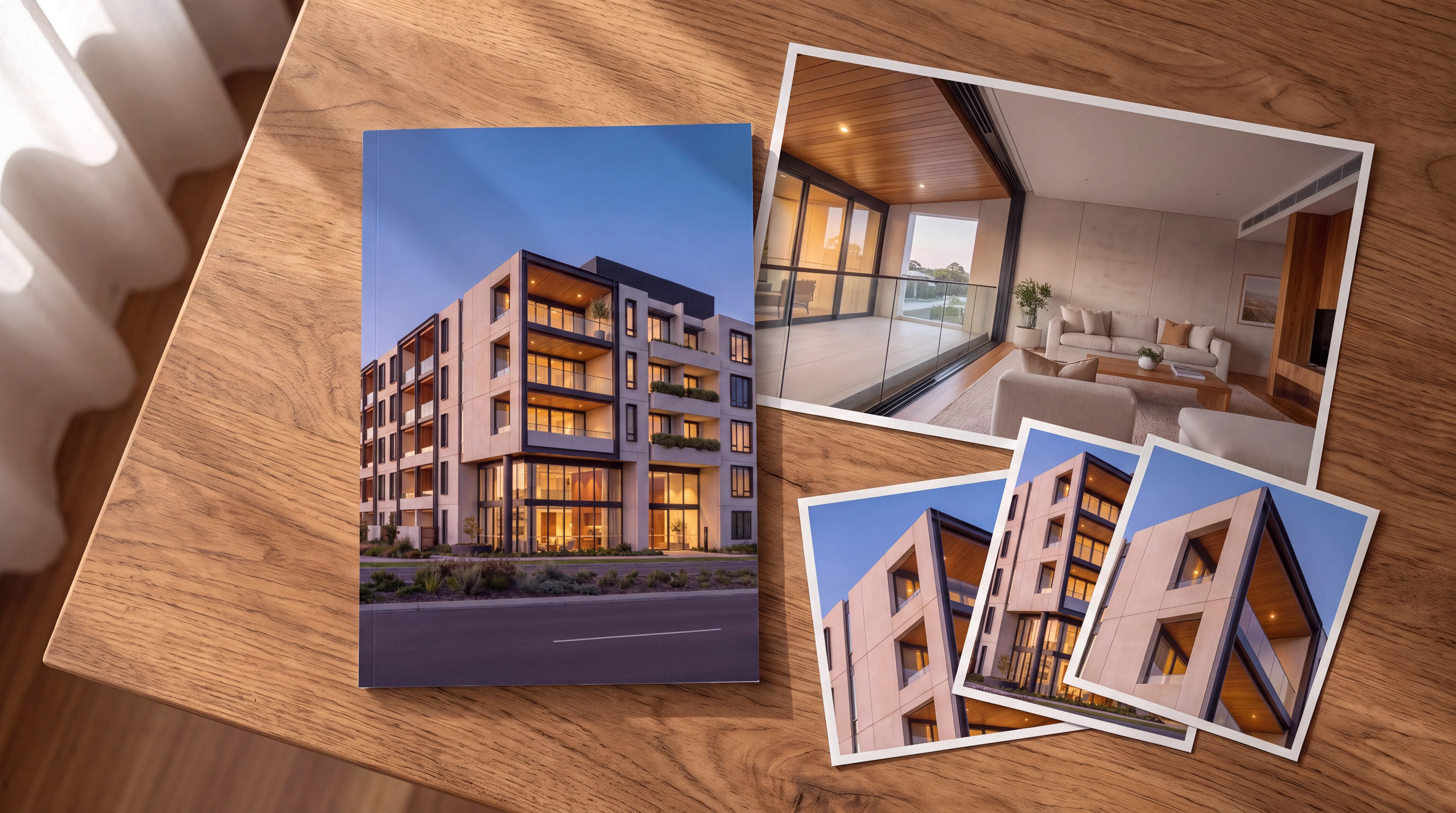 The finished campaign pack: printed brochure with the dusk hero of the precast apartment building on its cover, loose interior and facade prints beside it in one grade