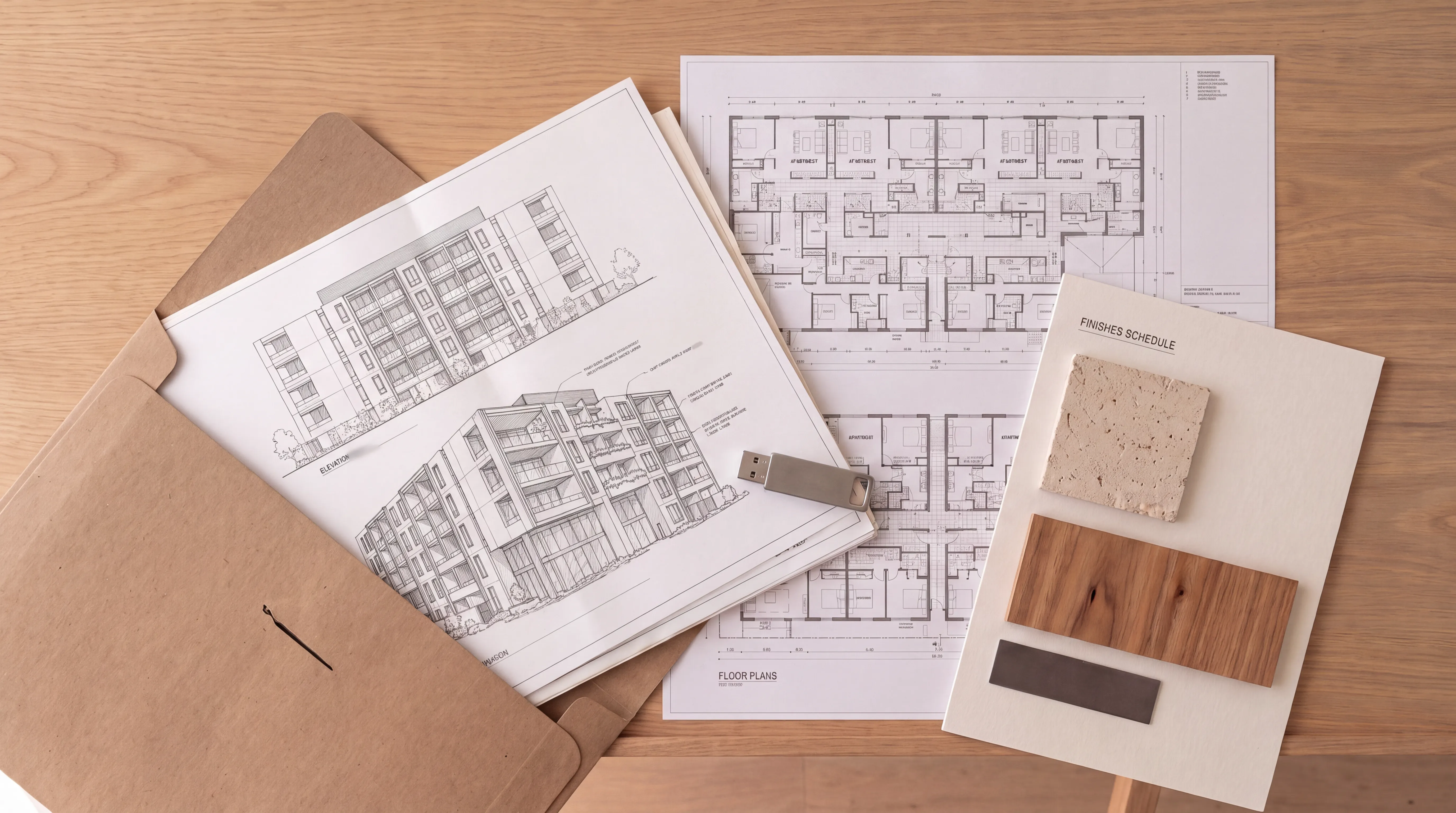 The handover on the desk: a document wallet of elevations for the precast apartment building, apartment floor plans, a finishes schedule with stone, timber and dark metal samples, and a USB drive