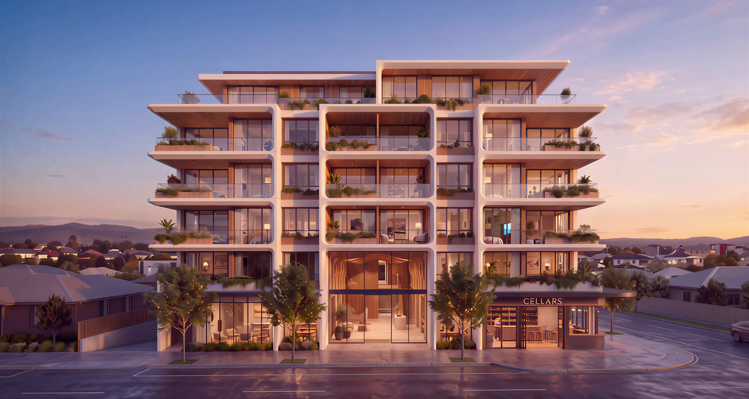 Apartment study: street view of a mid-rise with white precast frames and timber soffits in late golden afternoon, the corner wine bar open at street level