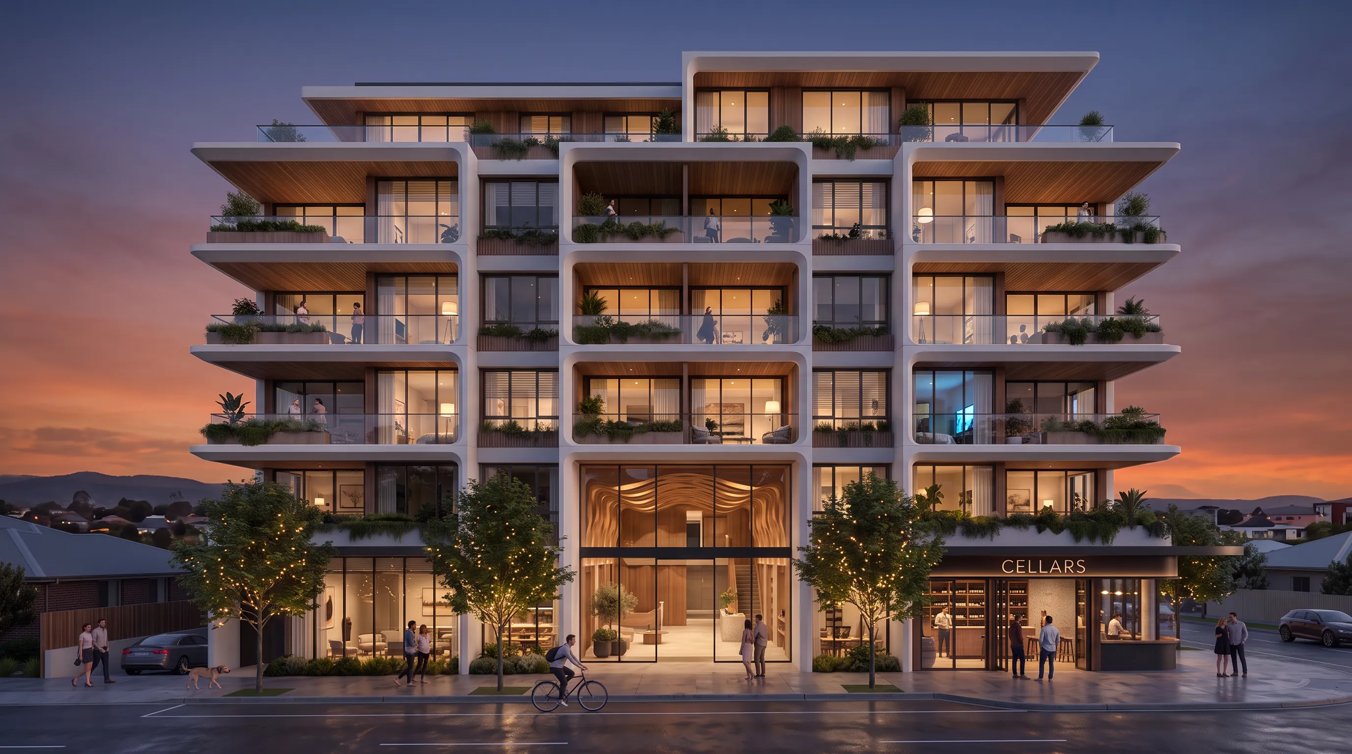 Apartment study: street view of a mid-rise with white precast frames and timber soffits at dusk, apartments unevenly lit and the corner wine bar glowing at street level