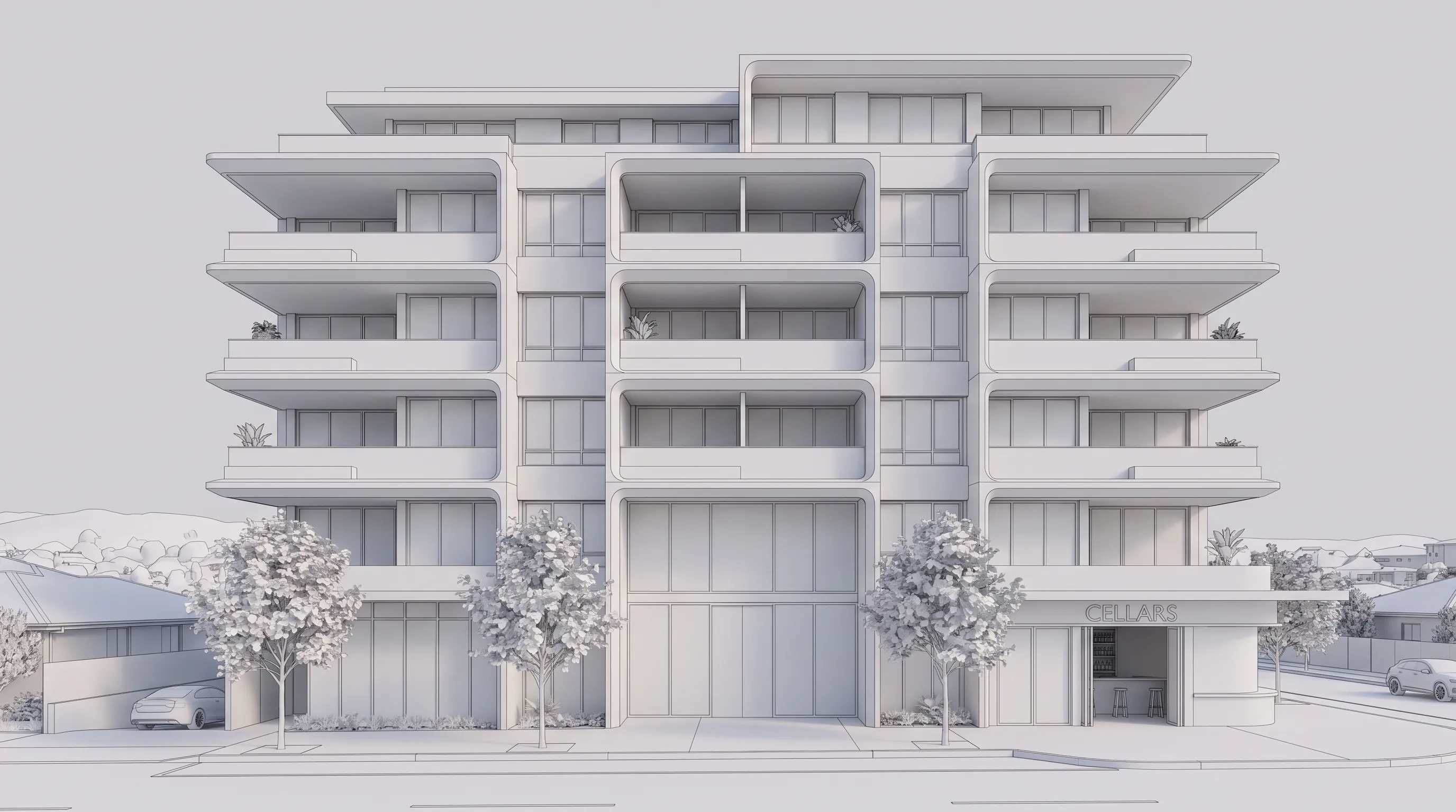 The apartment study as a working model: white clay massing with edge lines from the same street camera, glazing flat, every element in place