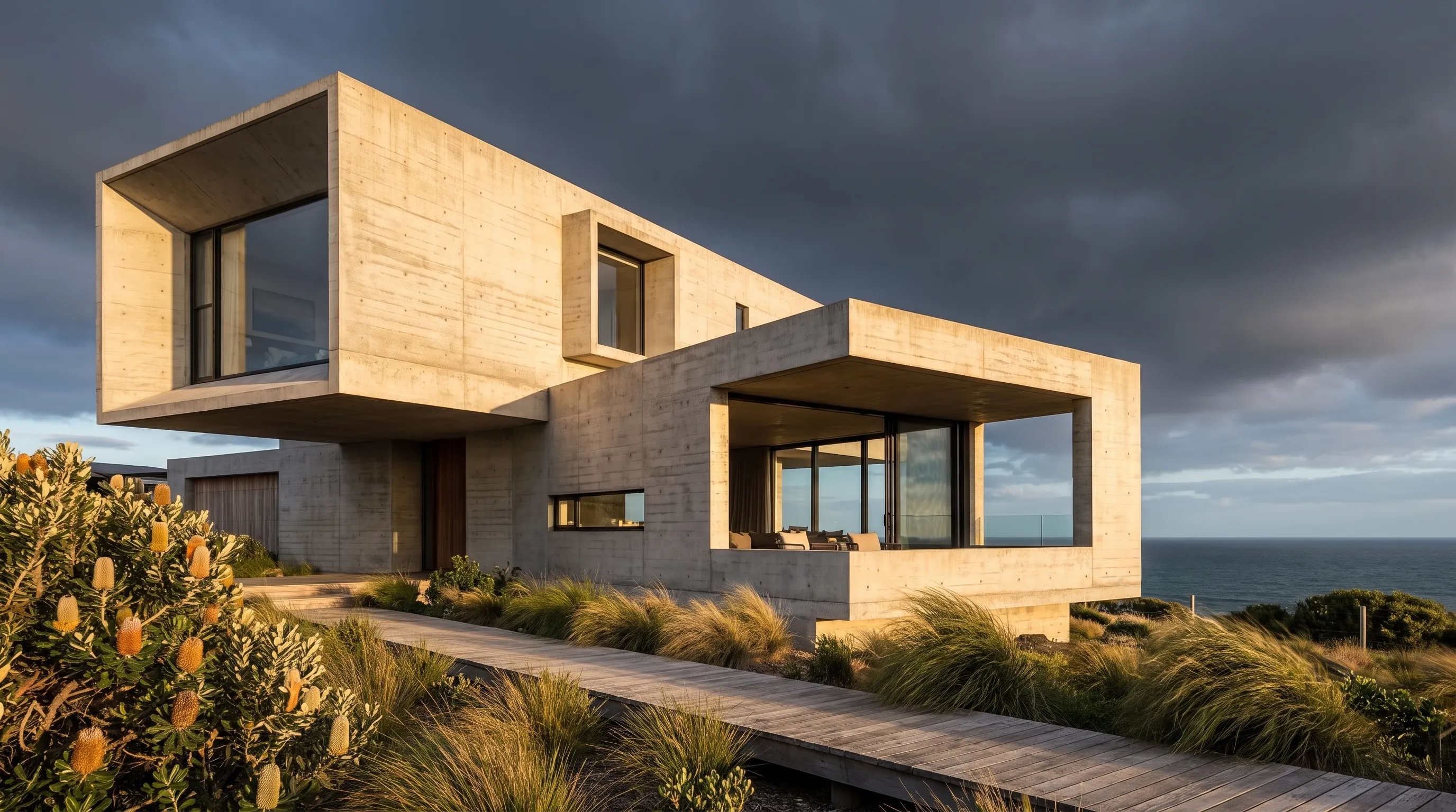 Clifftop study: stacked board-marked concrete boxes on a coastal heath, caught in low raking sun against a storm sky, a timber boardwalk running up through flowering banksia and coastal grasses to the entry
