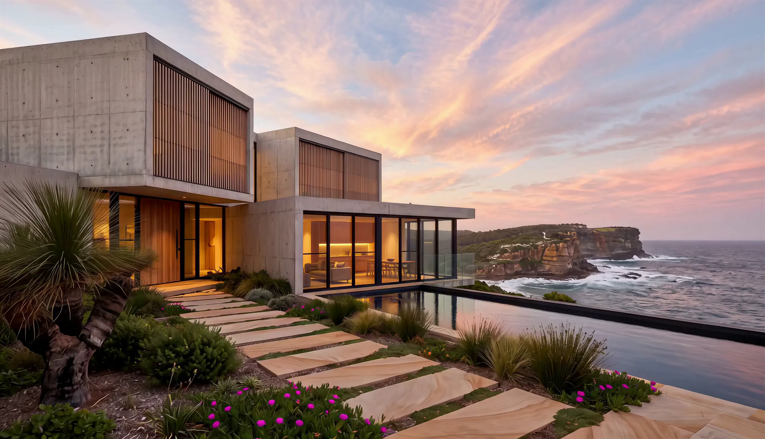 Coastal study: dusk exterior of a stacked off-form concrete and spotted gum home on a rocky headland, sandstone pavers leading to the entry and an infinity pool merging with the Pacific