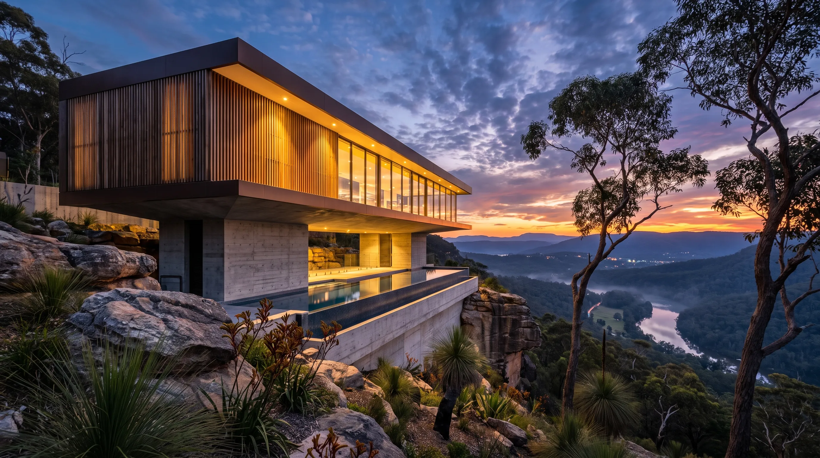 Escarpment study: dusk exterior of a spotted-gum batten box cantilevered on off-form concrete over a sandstone clifftop, a lap pool running out to the edge, grass trees and scribbly gums in the foreground and a misted river valley beyond