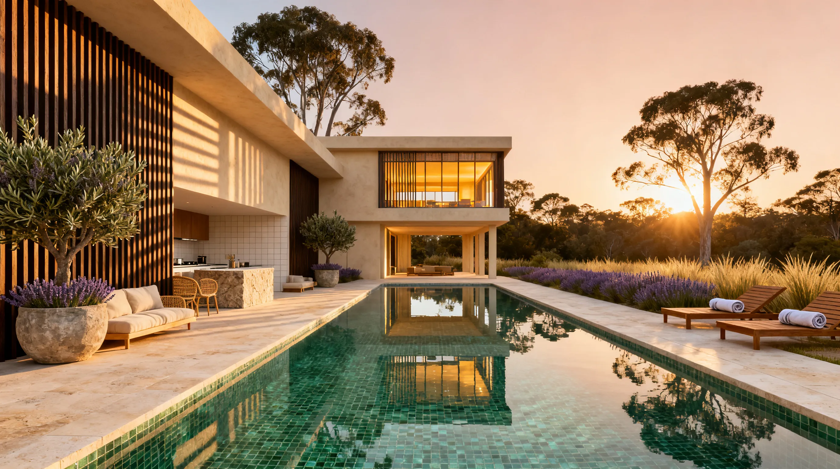 Pool pavilion study at golden hour: a limewashed two-storey home with a batten-screened upper room glowing from inside, a long sea-green mosaic pool reflecting it, an outdoor kitchen under a timber batten roof, lavender and olive trees in stone pots, and the sun setting through eucalypts