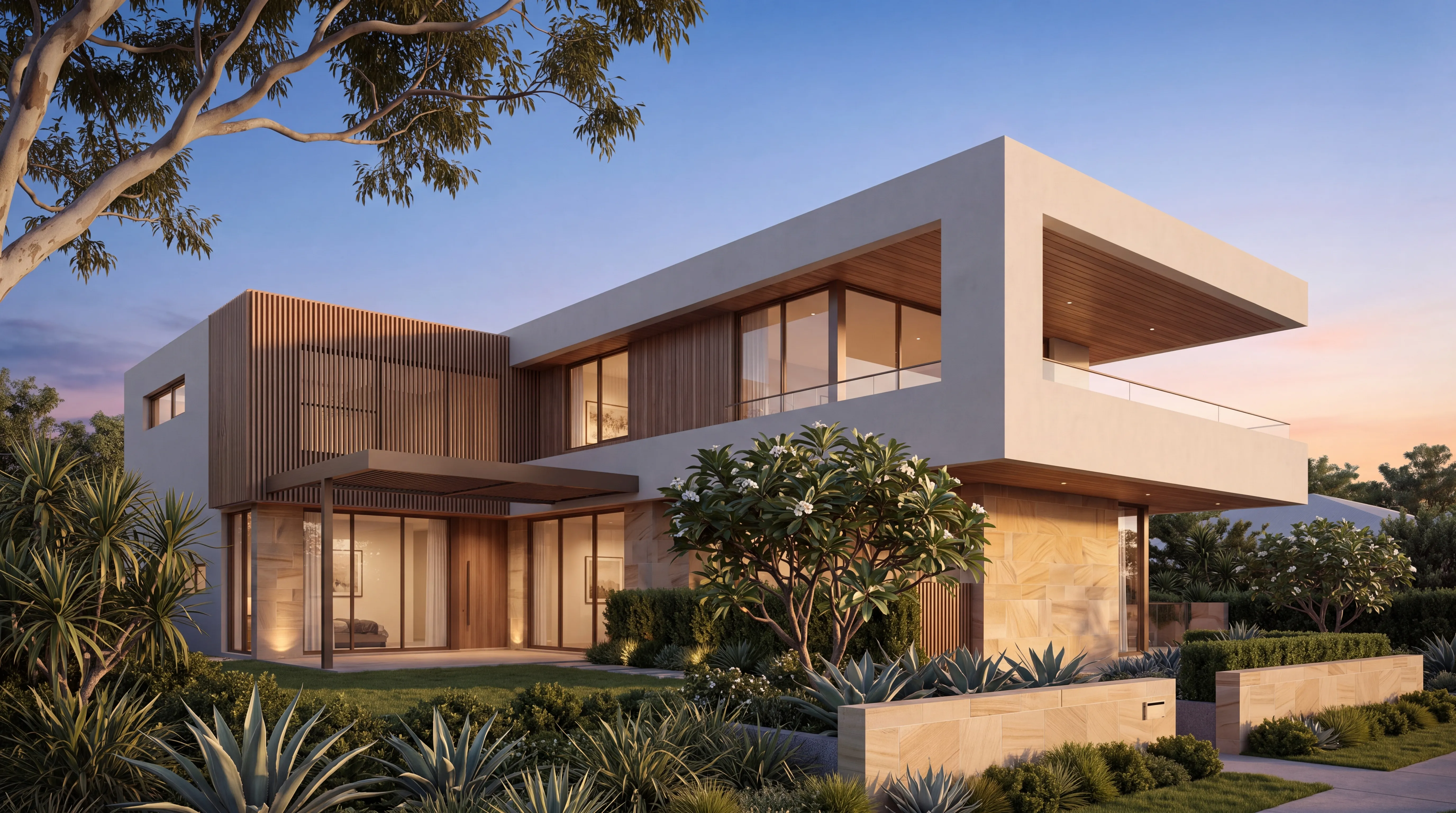 Sydney study: dusk three-quarter view of a rendered and spotted-gum home stepping down a harbourside garden, lit interiors behind full-height glazing, sandstone terracing and frangipani in the foreground