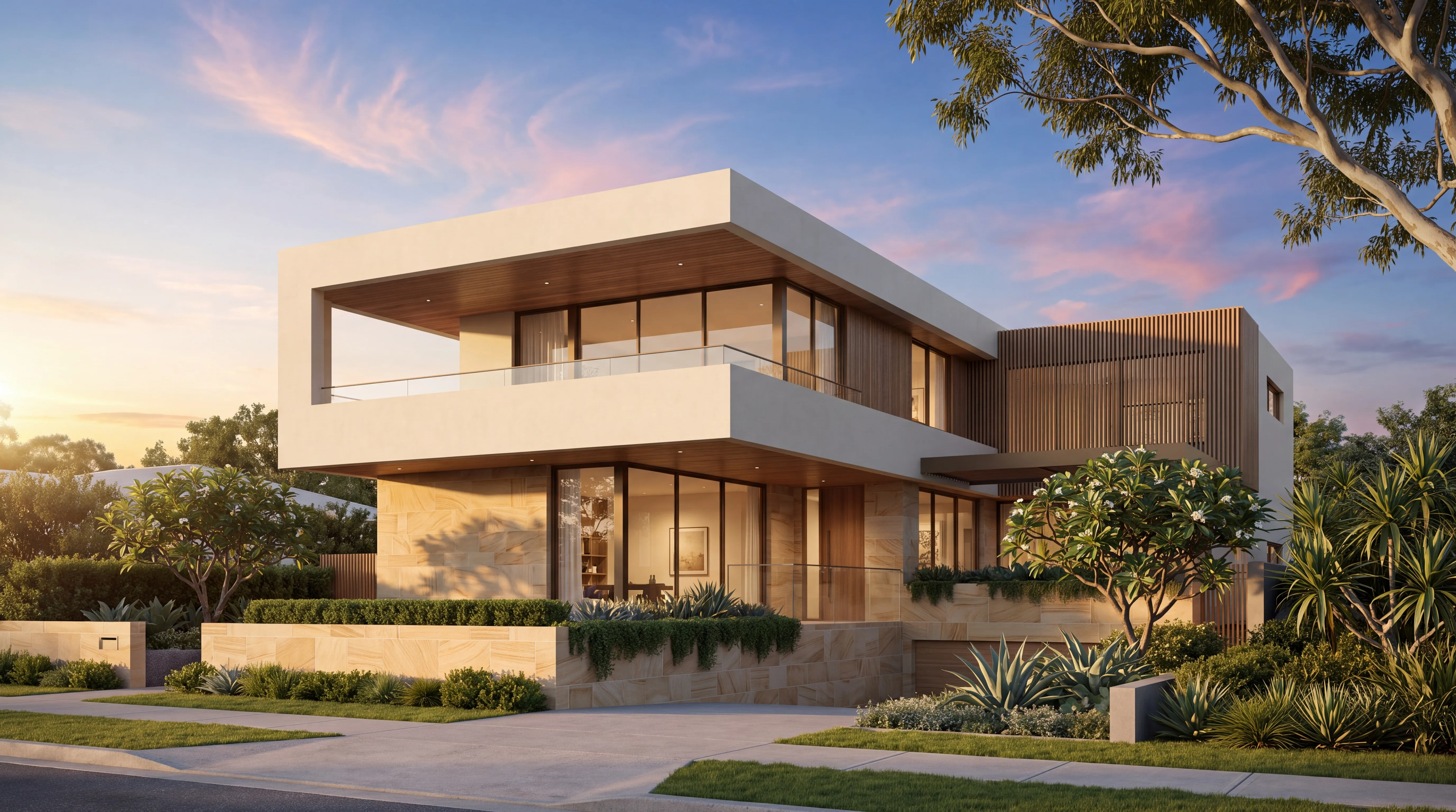 Sydney house study at sunset: a two-storey home with a sandstone base and cantilevered upper floor over a covered terrace, spotted-gum battens and frangipani, low sun under an apricot sky