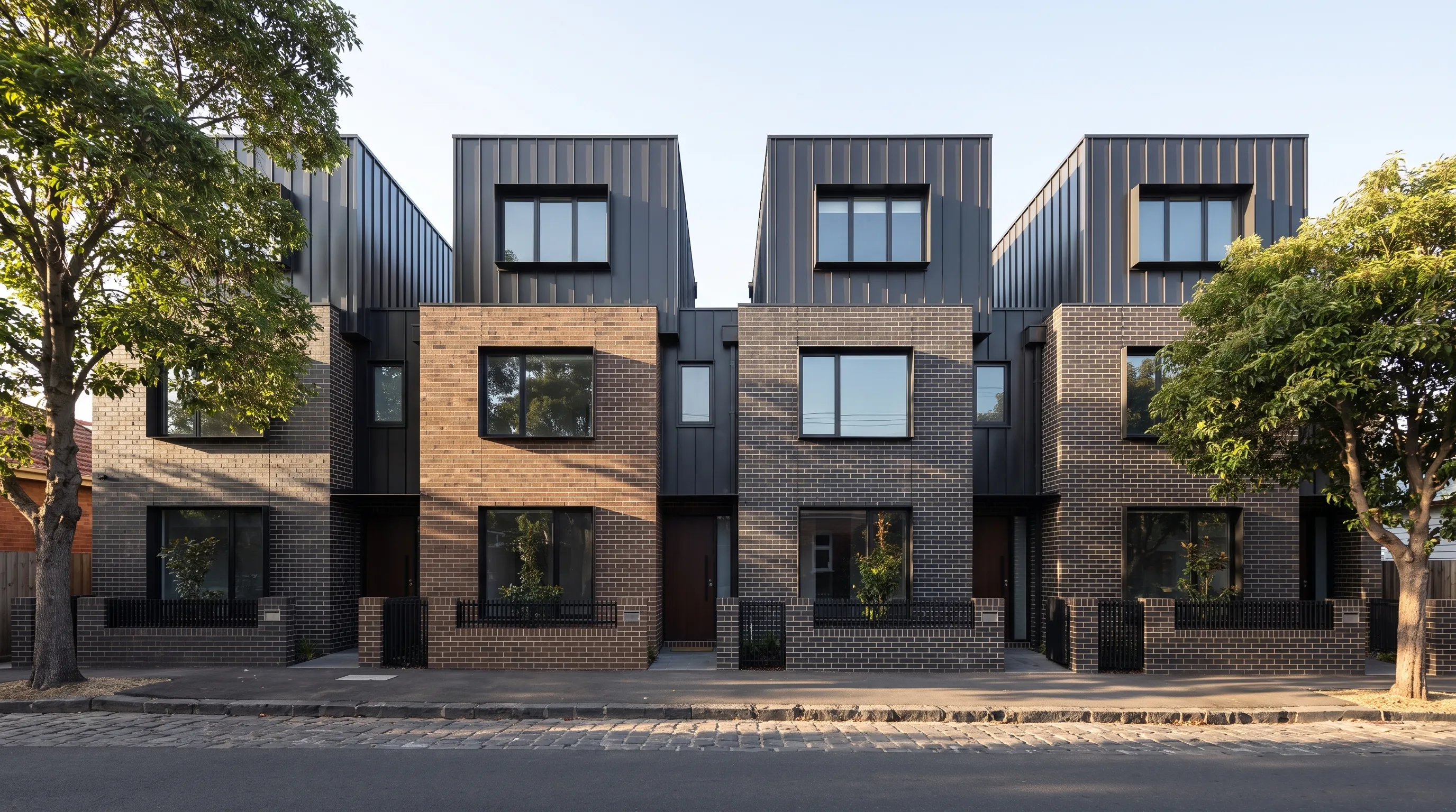 Townhouse study: the same Melbourne row in morning light through street trees