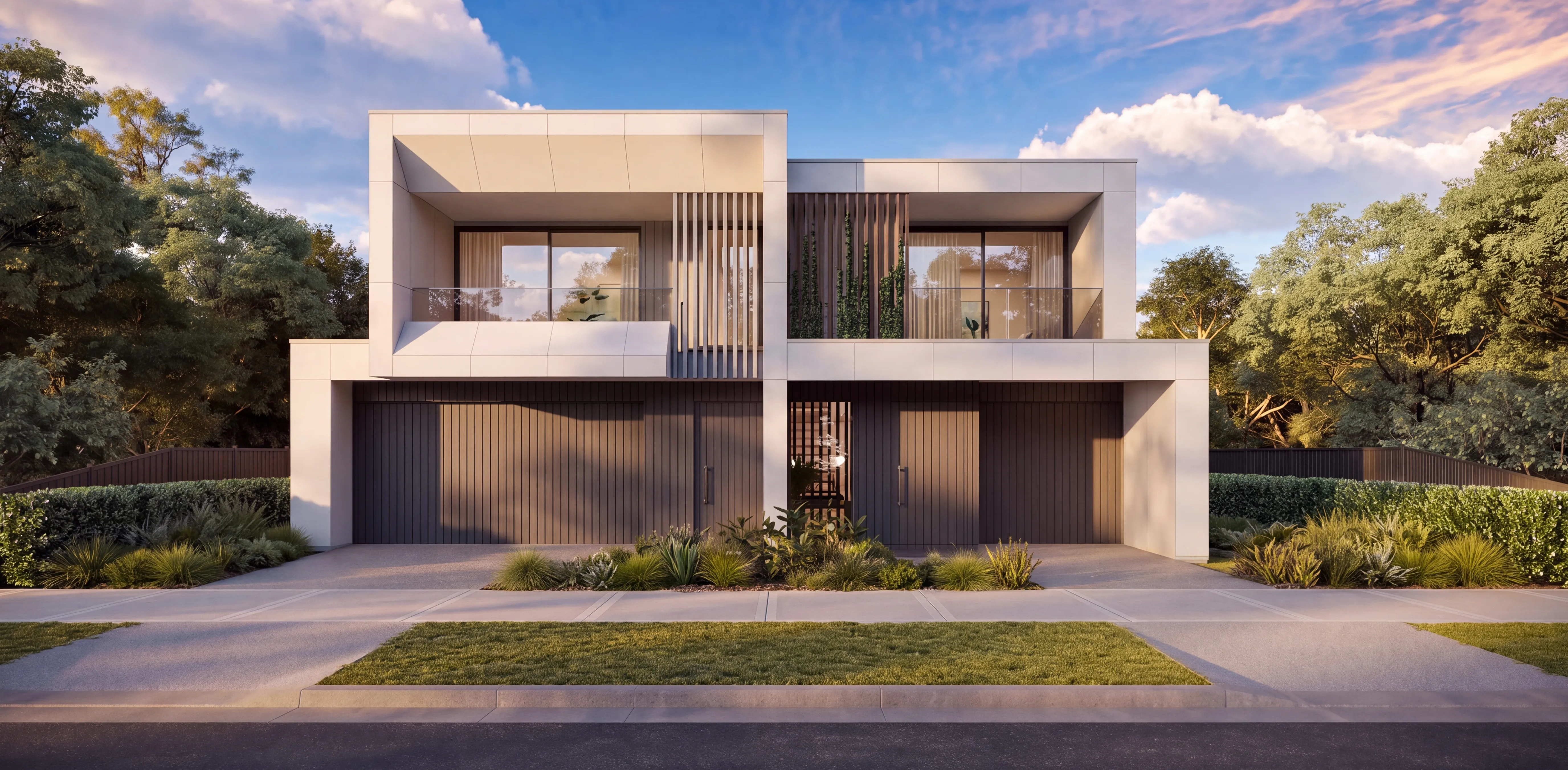 Dual-occupancy study: straight-on street elevation of a two-storey duplex on a clear day, off-white render volumes stepping forward on the left over a charcoal battened ground floor, paired entries at the centre, native garden beds and gums framing the street