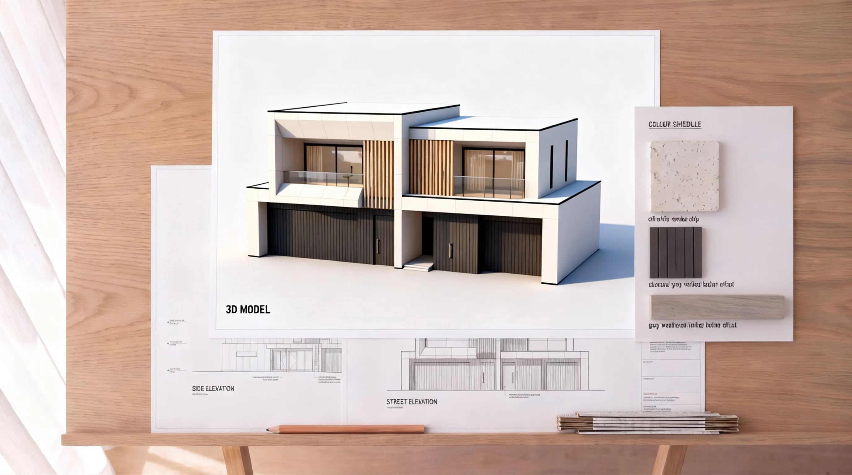 The working set on the desk: a printed three-quarter view of the duplex as a 3D working model with materials applied and edge lines showing, the side and street elevations below it, and a colour schedule with render, charcoal batten and pale timber samples