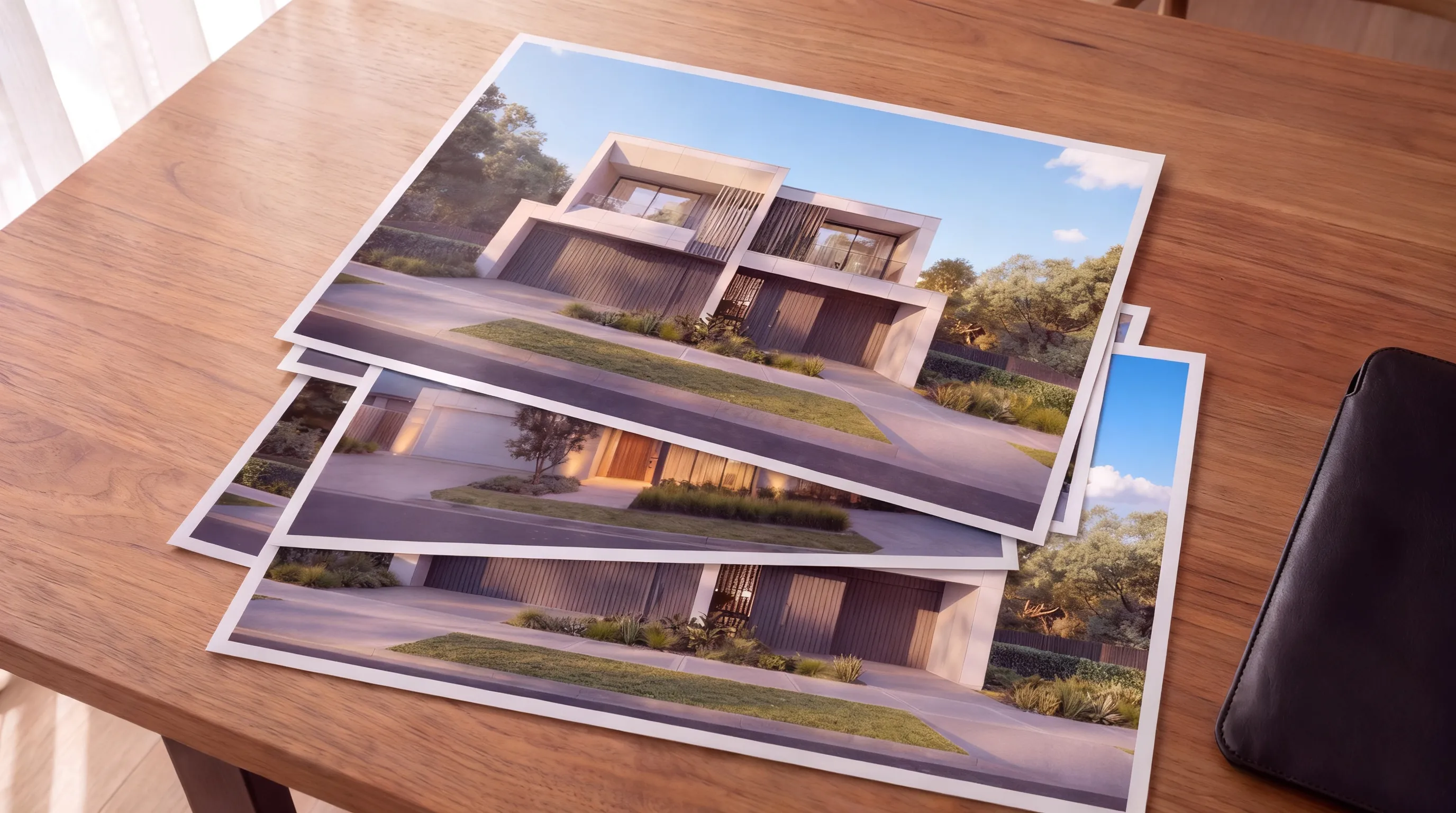 The finished frames as printed A3 sheets laid out flat on the table: three views of the off-white duplex on a clear day, campaign grade