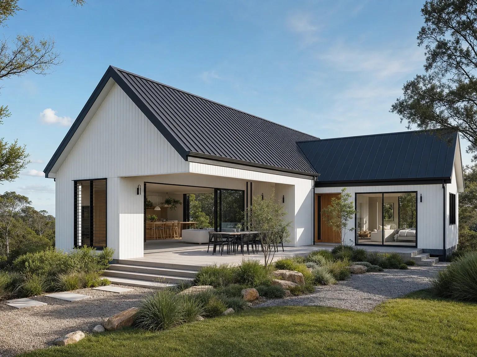 The same home after a Scandi-barn renovation with steep gable, weatherboard cladding and deep eaves