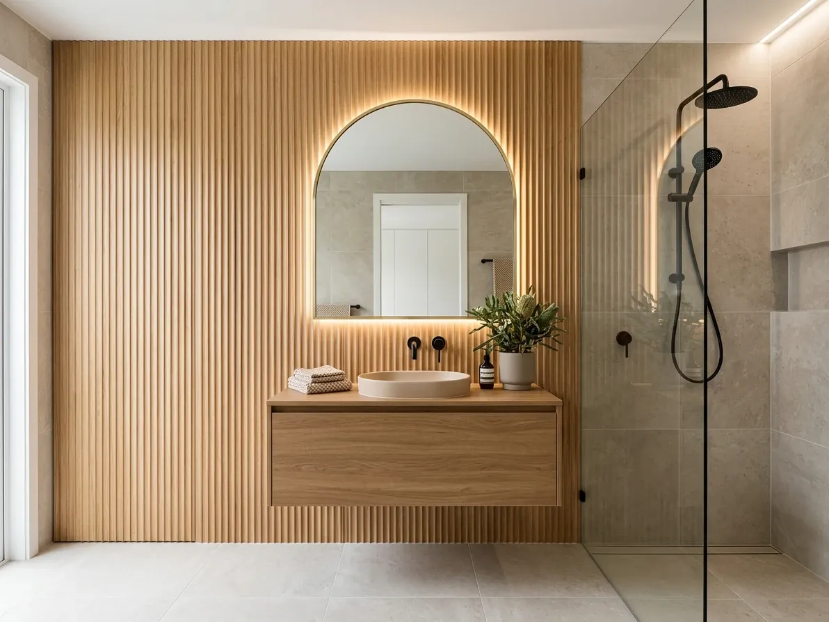 Scandi bathroom with wall-hung oak vanity and a single fluted oak feature wall