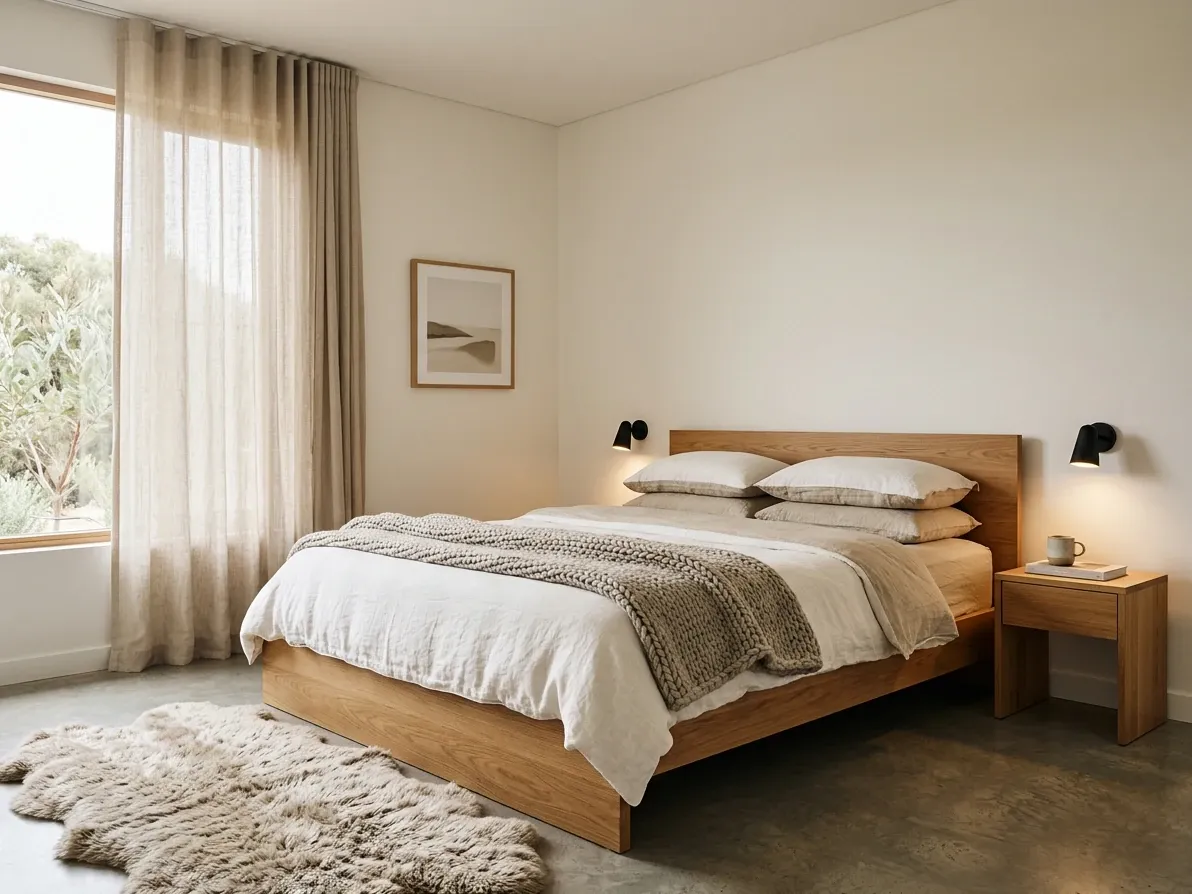 Scandi bedroom with low oak bed, slubbed linen bedding and warm Australian daylight