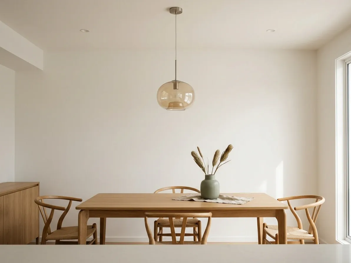Restrained Scandi dining room with oak table and sculptural pendant in an Australian home