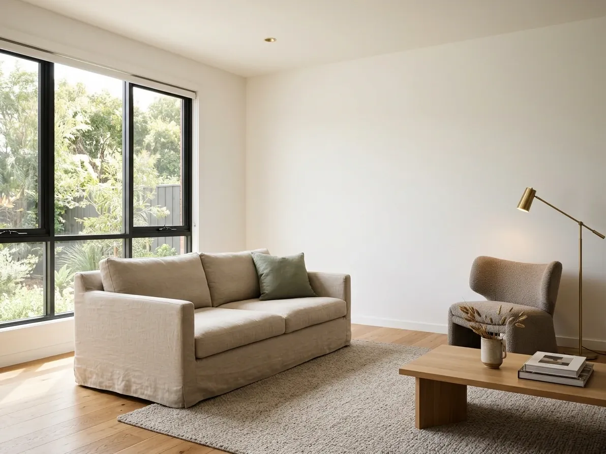 Warm Scandi Australian living room with honey oak floor, oat linen and warm-white walls