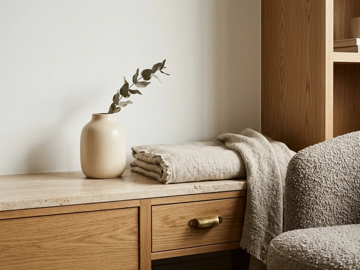 Scandi material palette with honey oak, warm white, linen, bouclé, honed stone and brass