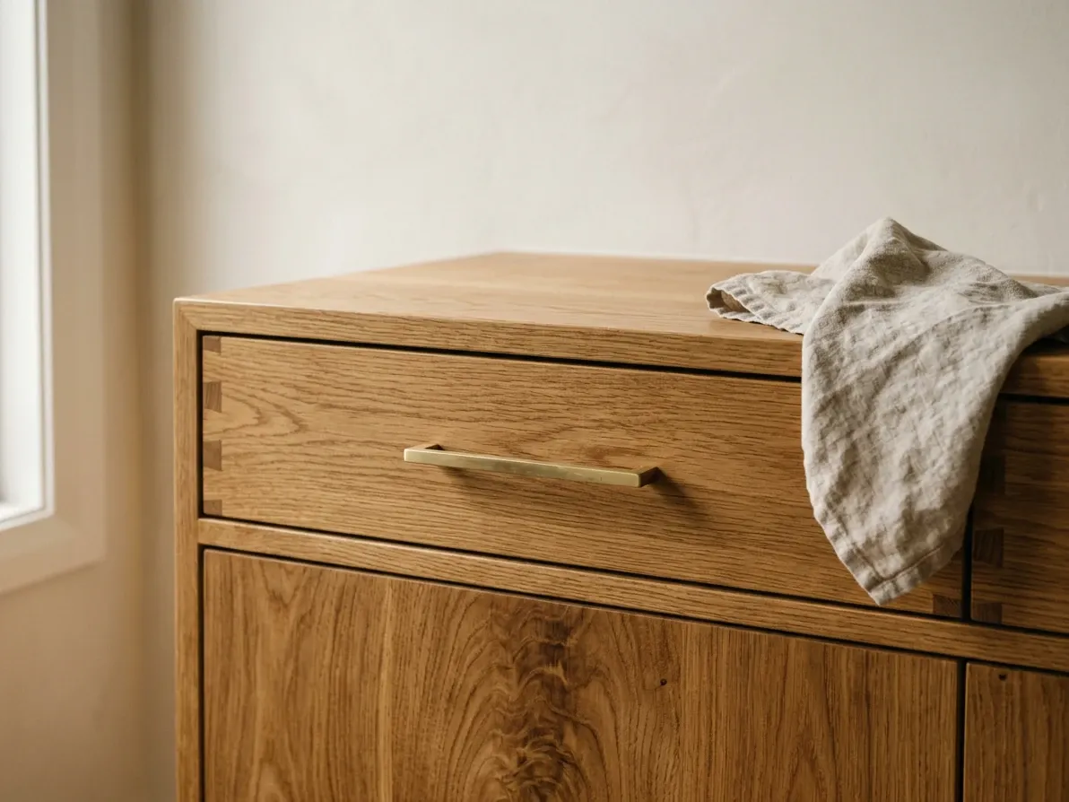 Close view of FSC oak joinery with hardwax-oil finish in a Scandi Australian interior