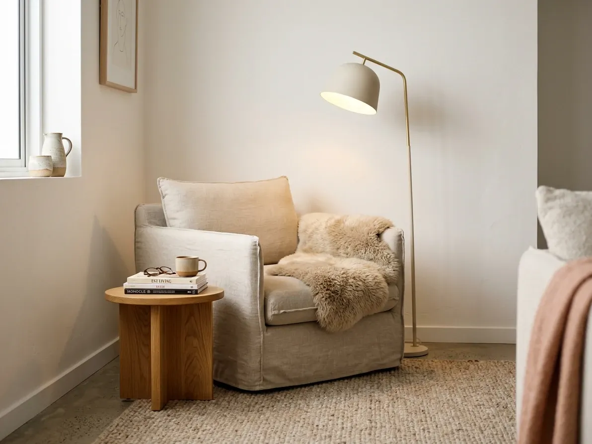 Scandi reading corner with bouclé chair, oak side table and warm-white floor lamp