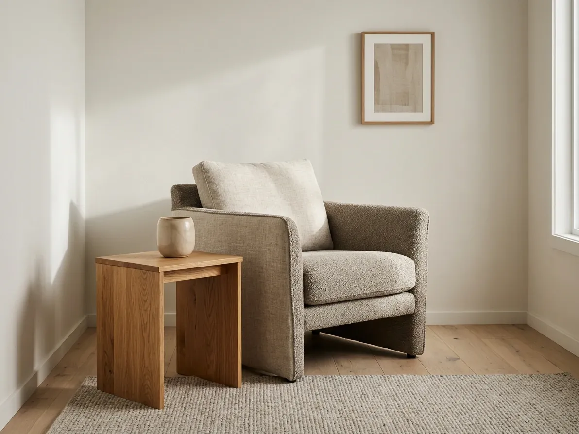 Scandi vignette with honey oak, linen, bouclé and warm white walls in an Australian home