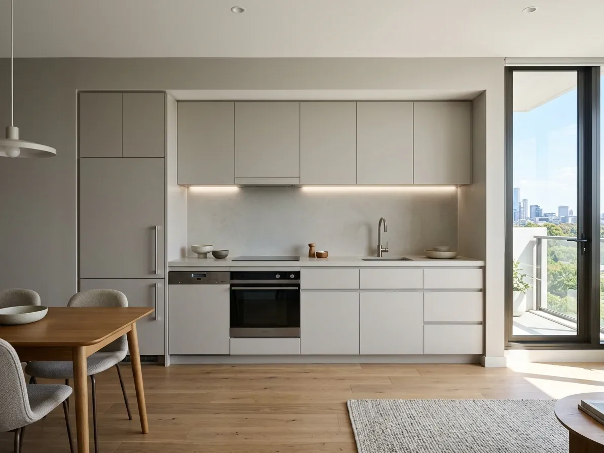 Compact single-wall kitchen in a contemporary Australian apartment