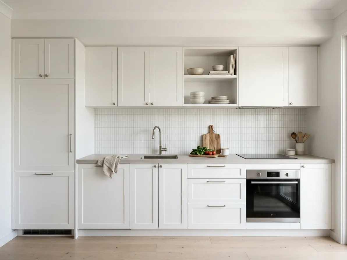 A single-wall kitchenette with the fridge, sink and cooktop along one continuous run