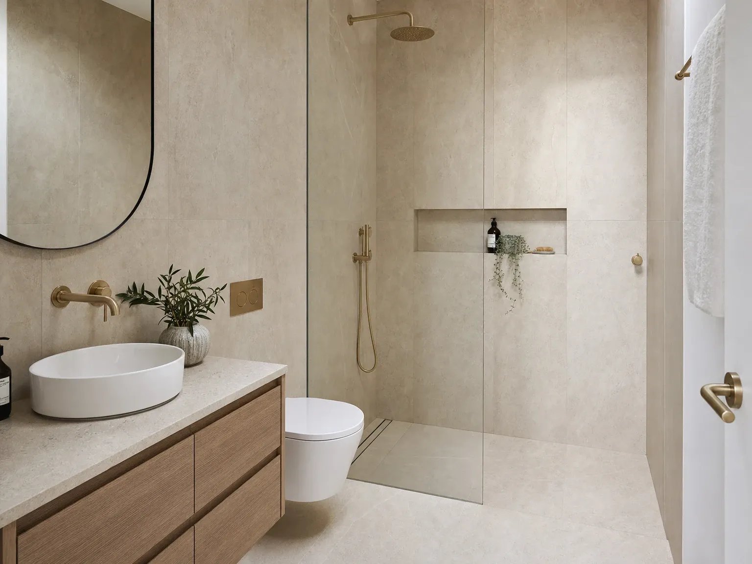 Same compact ensuite renovated with continuous floor-to-ceiling warm porcelain and hobless shower