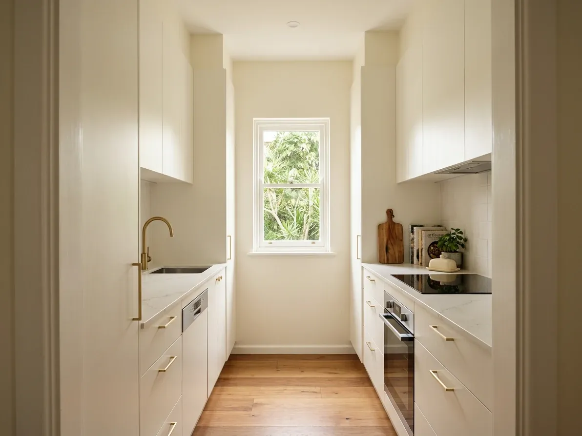 Compact Australian galley kitchen with white cabinetry bouncing ambient light