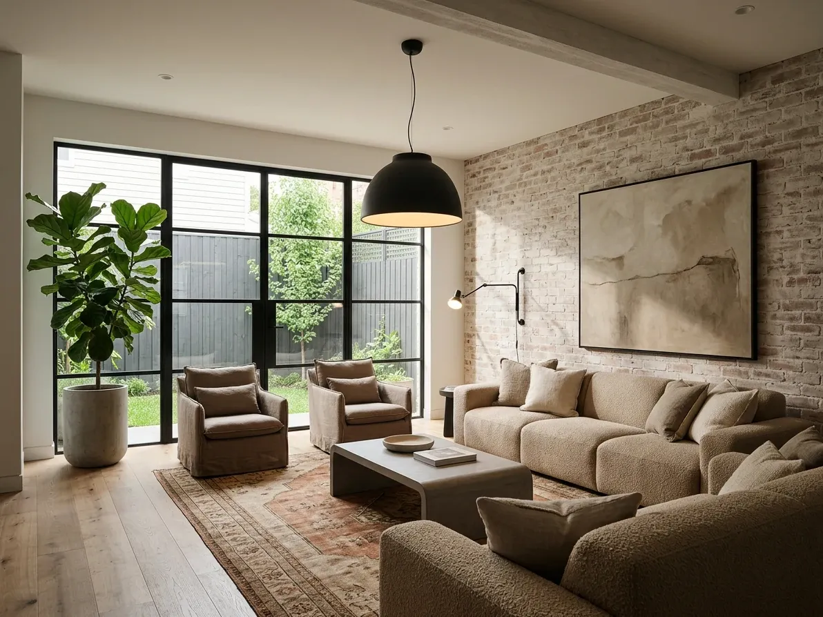 Soft industrial living room with bouclé, timber and layered warm lighting