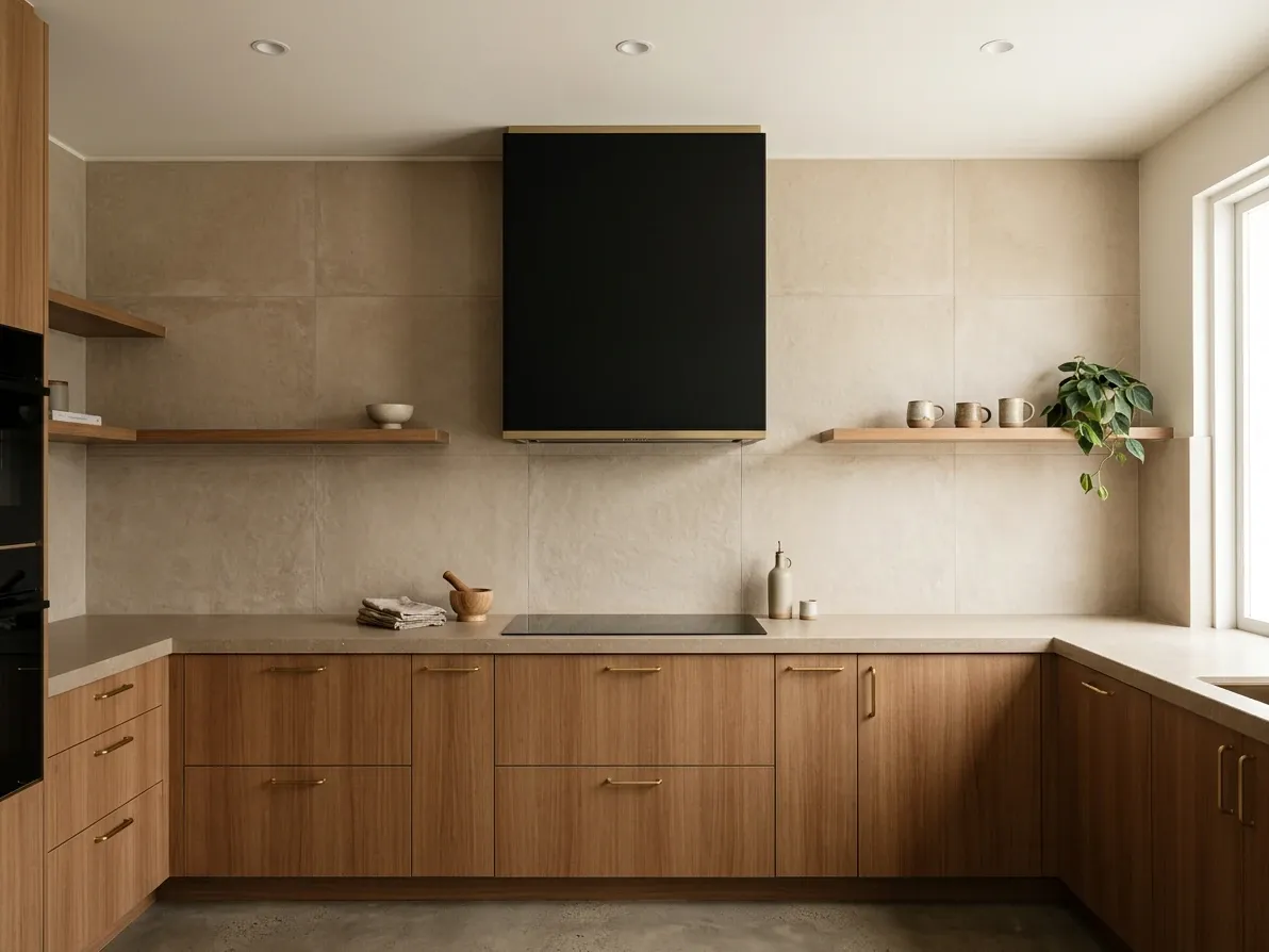 A full-height splashback running from benchtop to ceiling on the rangehood wall