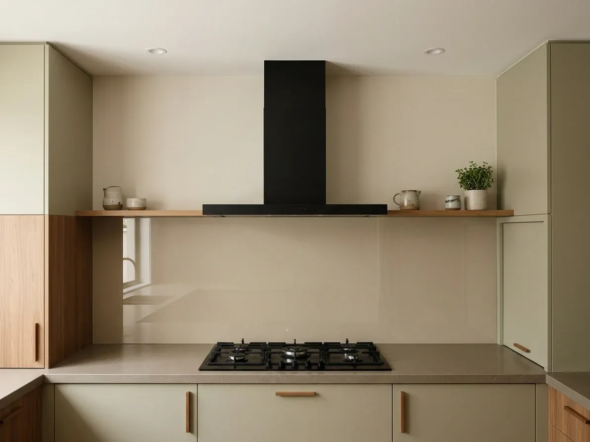 A gas cooktop installed cleanly with a non-combustible splashback behind it and a rangehood at proper clearance