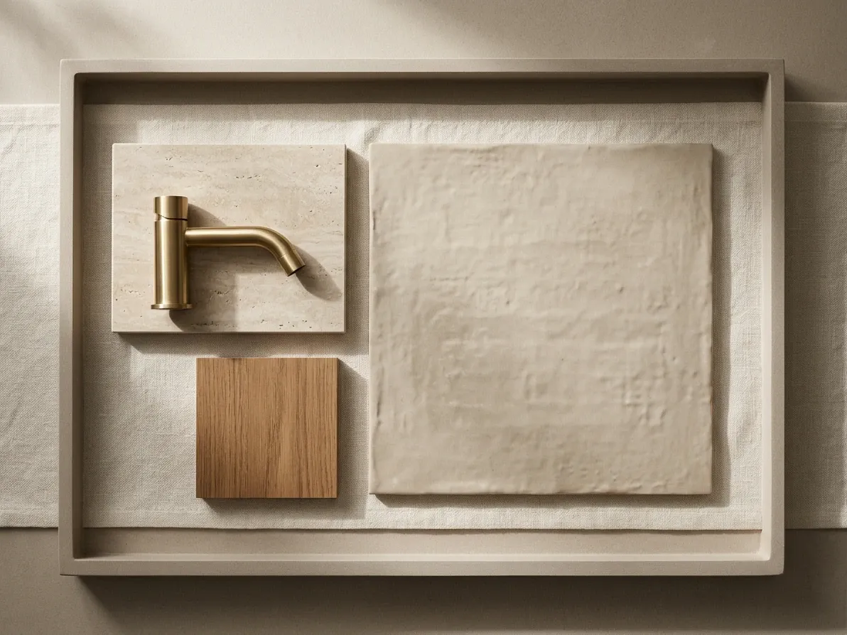 A designer-style palette board with a splashback tile sample, benchtop offcut, cabinet chip and tapware finish