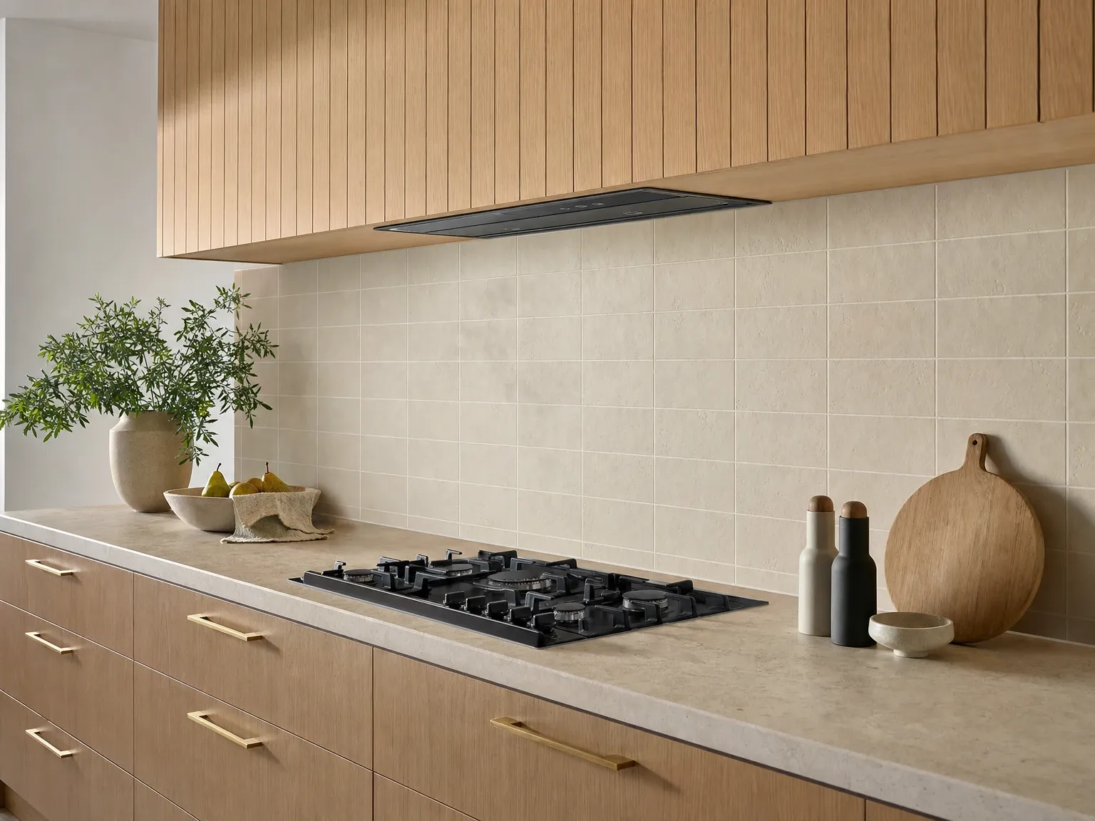 The same kitchen with a warm 2026 handmade-tile splashback and tonal grout