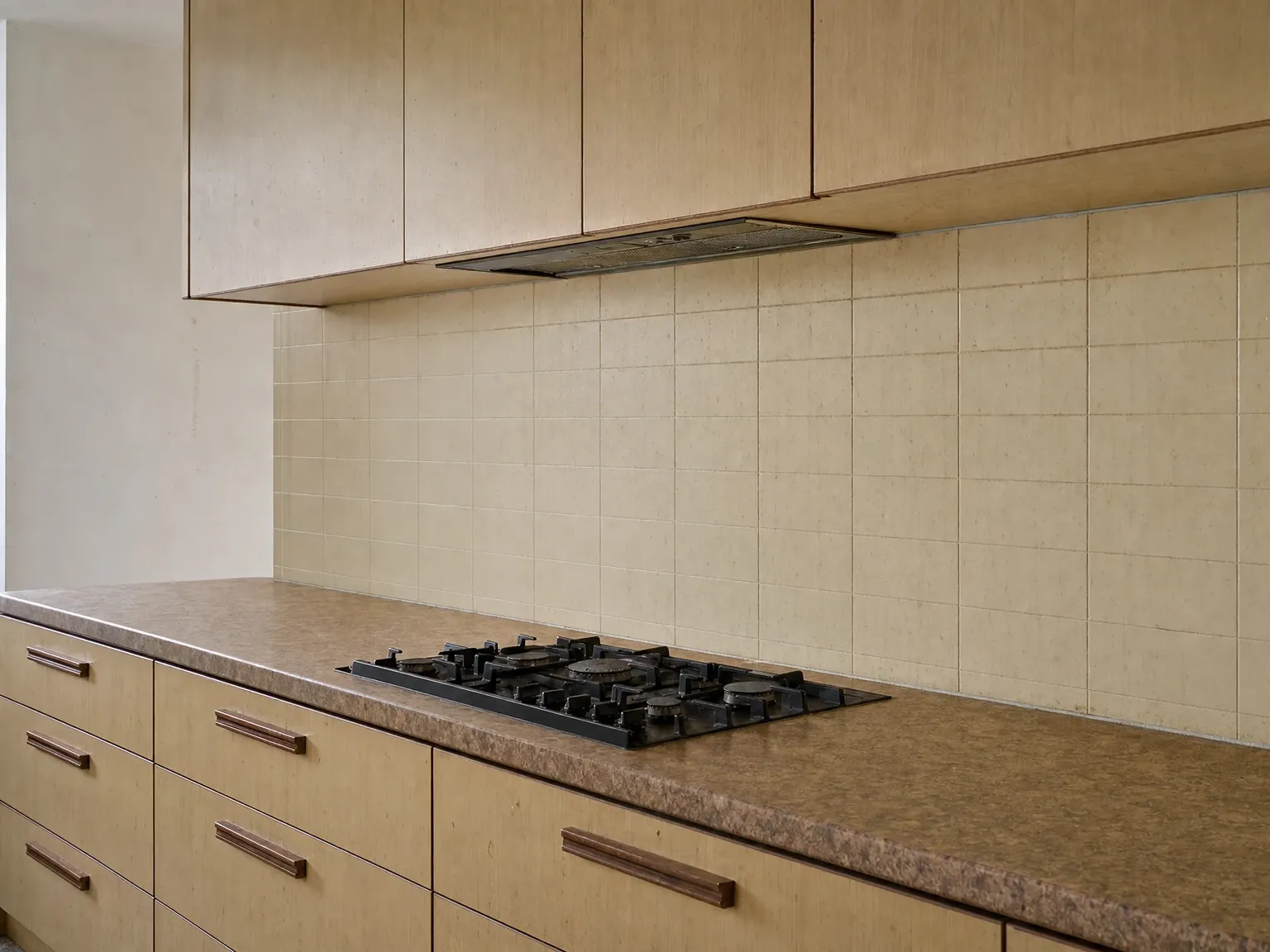 Dated 2010s kitchen with glossy white subway tile, dark contrasting grout and polished chrome