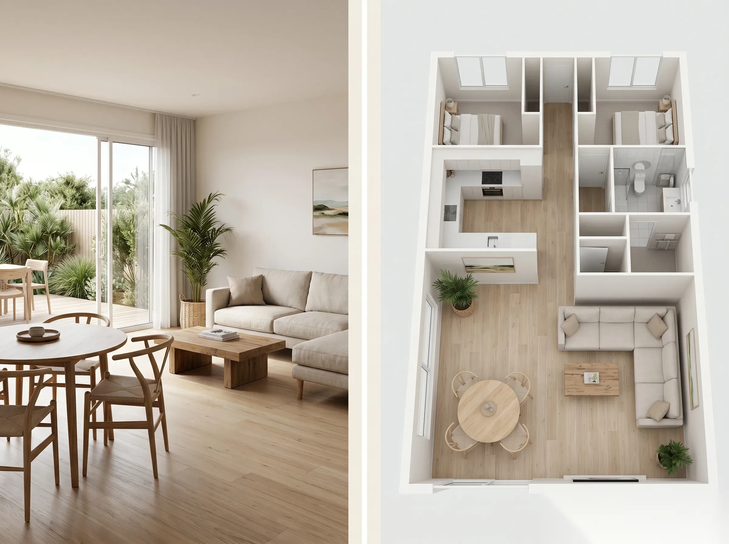 Virtually staged interior render shown alongside a 3D floor plan