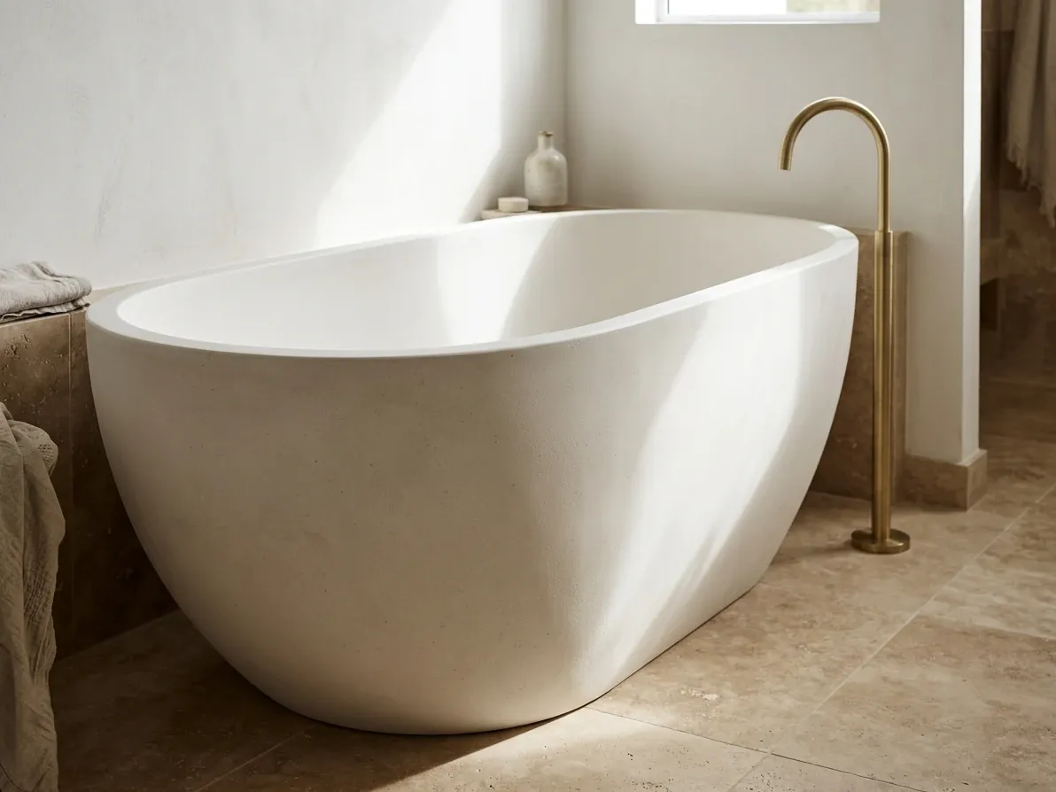 A stone-resin freestanding bath showing its matte tactile surface