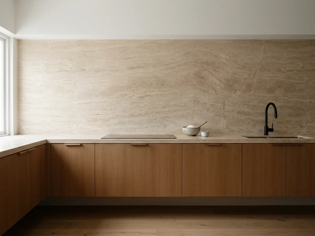 A natural stone slab splashback continued seamlessly up from a matching benchtop
