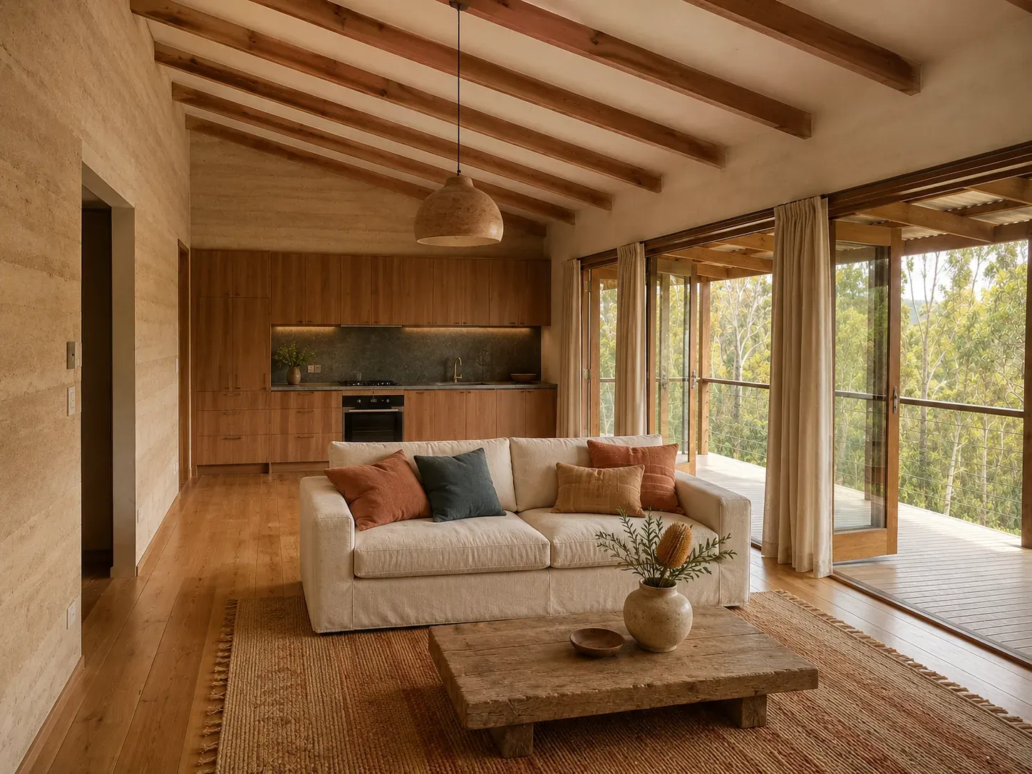 Australian living room styled in Australian coastal with spotted gum, warm ochres, raw linen and native foliage tones