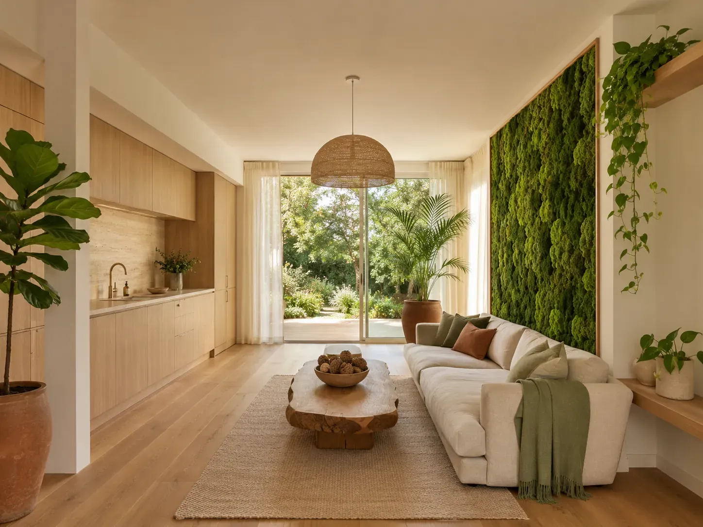 Living room styled in biophilic design with living greenery, natural timber and stone, and indoor-outdoor views