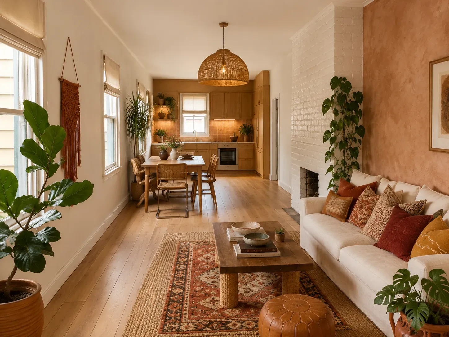 Living room styled in Australian boho with layered rugs, plants, rattan, terracotta tones and collected textiles