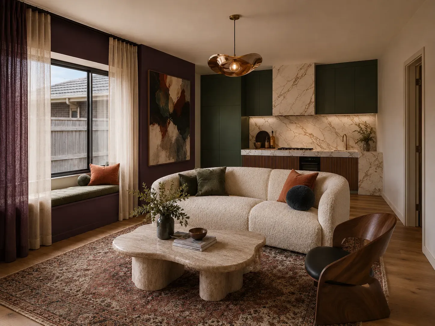Living room styled in 2026 contemporary with layered textures, expressive shapes and warm current-season detailing